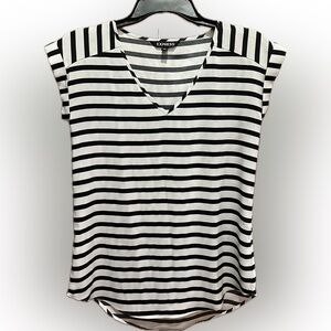 Express Women's Black and White Striped V-Neck Short Sleeve Top XS